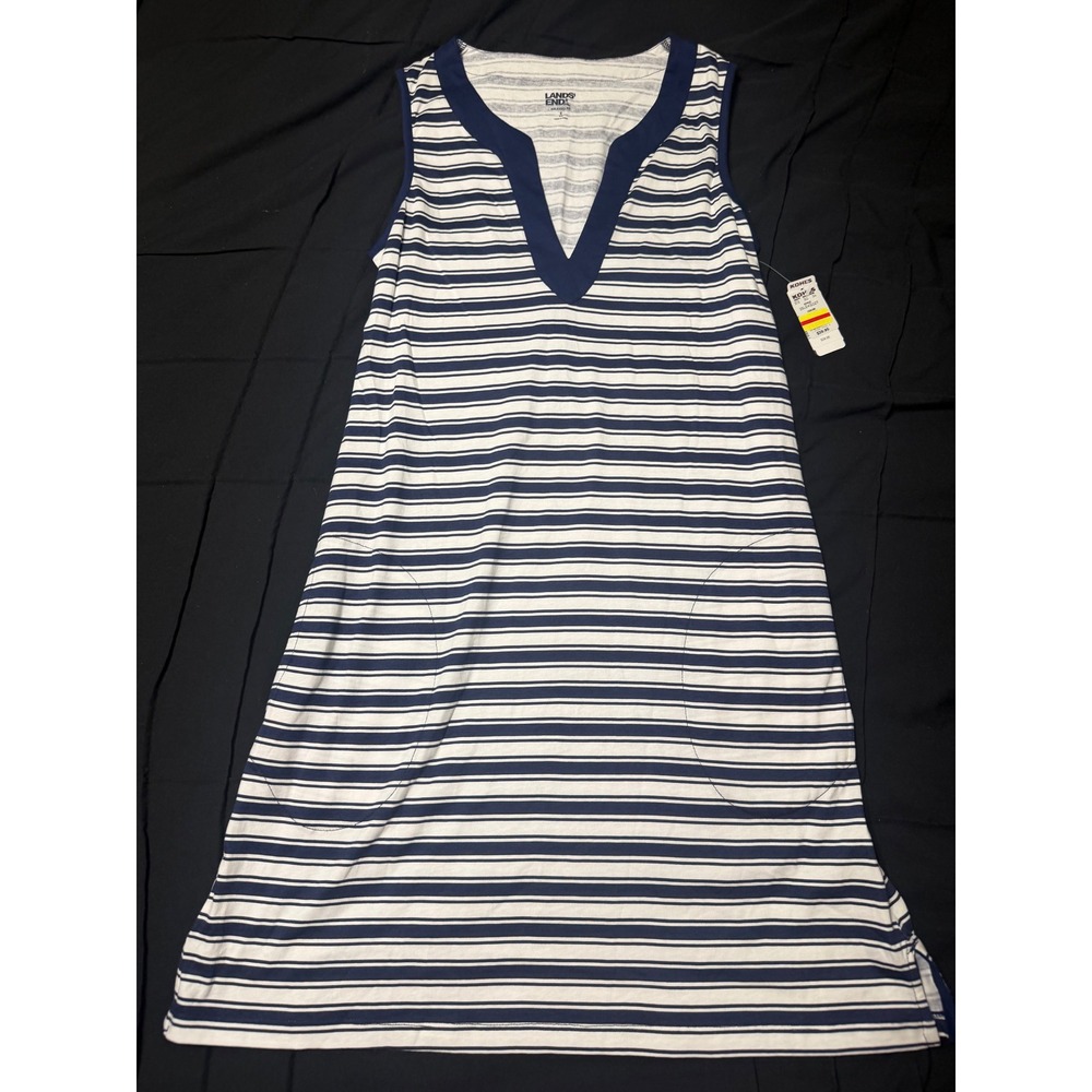 Lands End Women Navy White Striped Sleeveless Split Neck Cover Up Dress S New